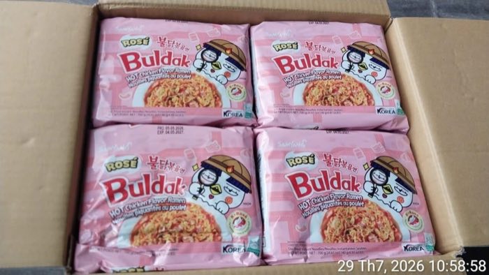 Samyang Buldak Rose five-packs packed inside an open shipping carton